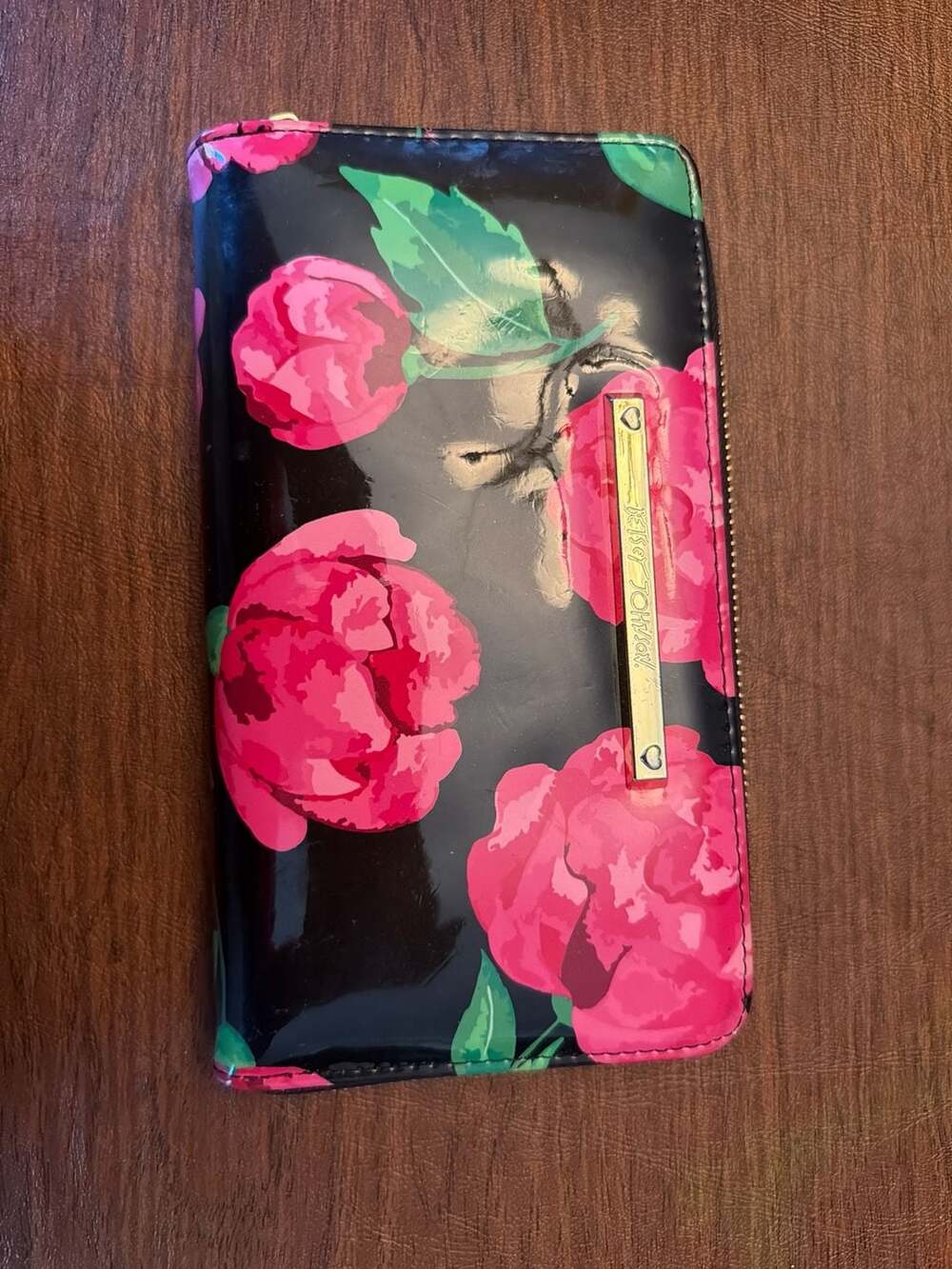 Betsey Johnson Pink Floral Peony Zip Around Wallet